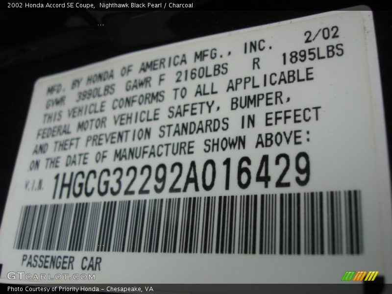 Nighthawk Black Pearl / Charcoal 2002 Honda Accord SE Coupe