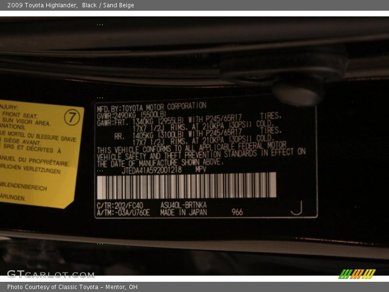 Black / Sand Beige 2009 Toyota Highlander
