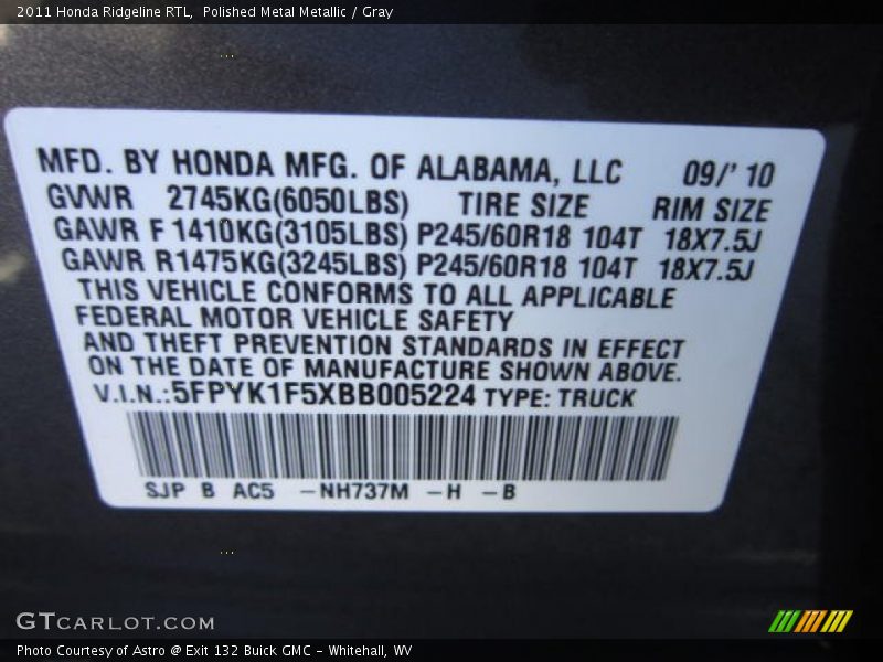 Polished Metal Metallic / Gray 2011 Honda Ridgeline RTL