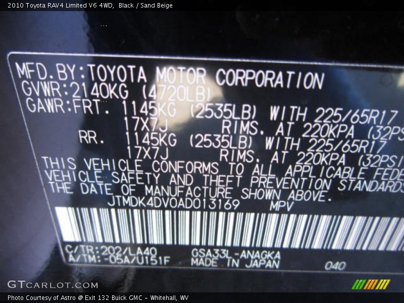 Black / Sand Beige 2010 Toyota RAV4 Limited V6 4WD