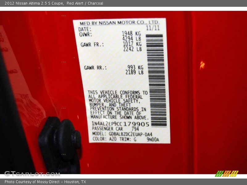 Red Alert / Charcoal 2012 Nissan Altima 2.5 S Coupe