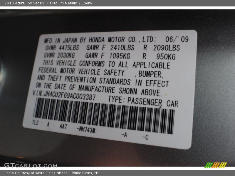 2010 TSX Sedan Palladium Metallic Color Code NH743M