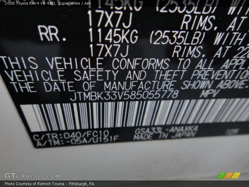 2008 RAV4 V6 4WD Super White Color Code 040