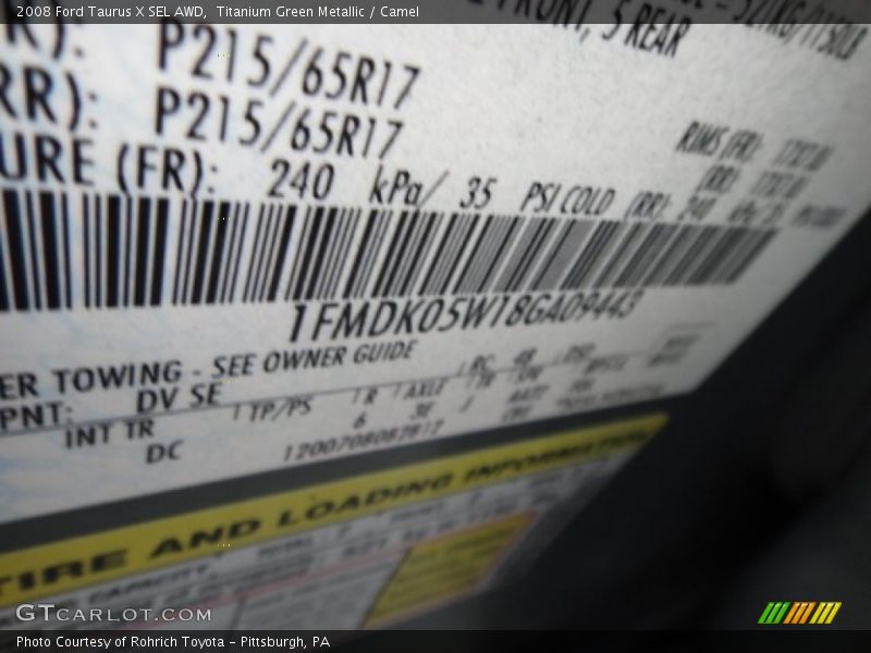 Titanium Green Metallic / Camel 2008 Ford Taurus X SEL AWD