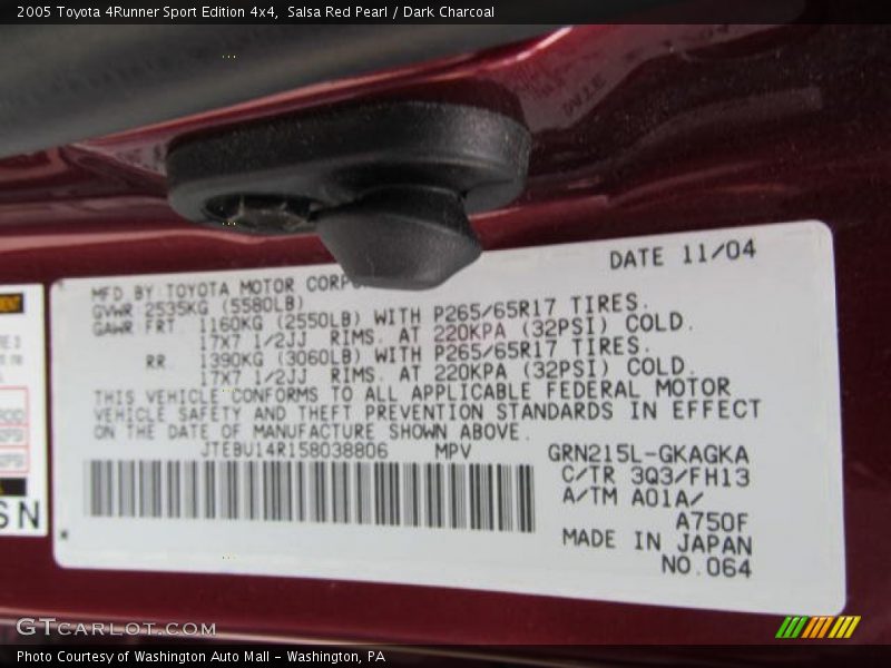 2005 4Runner Sport Edition 4x4 Salsa Red Pearl Color Code 3Q3