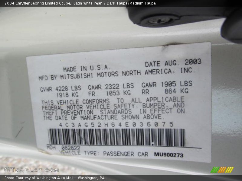 Info Tag of 2004 Sebring Limited Coupe