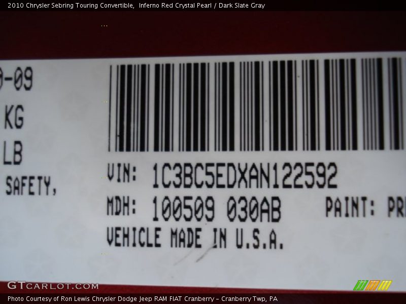 Inferno Red Crystal Pearl / Dark Slate Gray 2010 Chrysler Sebring Touring Convertible
