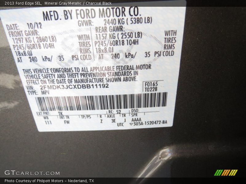 Mineral Gray Metallic / Charcoal Black 2013 Ford Edge SEL