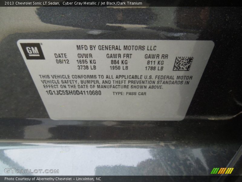 Cyber Gray Metallic / Jet Black/Dark Titanium 2013 Chevrolet Sonic LT Sedan