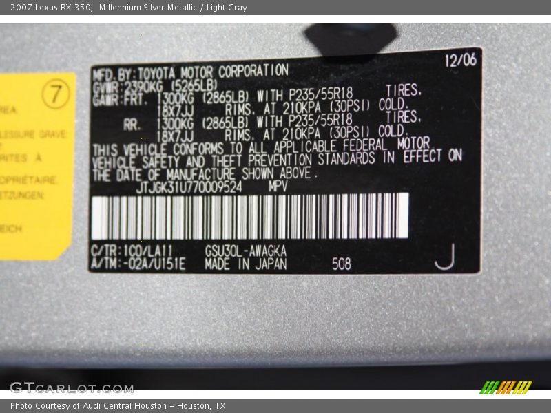 Millennium Silver Metallic / Light Gray 2007 Lexus RX 350