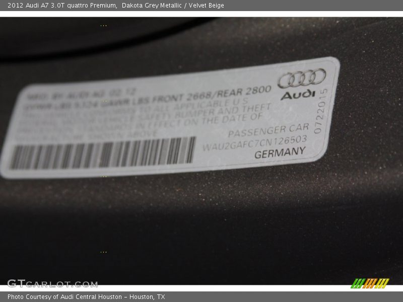 Dakota Grey Metallic / Velvet Beige 2012 Audi A7 3.0T quattro Premium