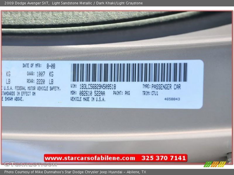 Light Sandstone Metallic / Dark Khaki/Light Graystone 2009 Dodge Avenger SXT