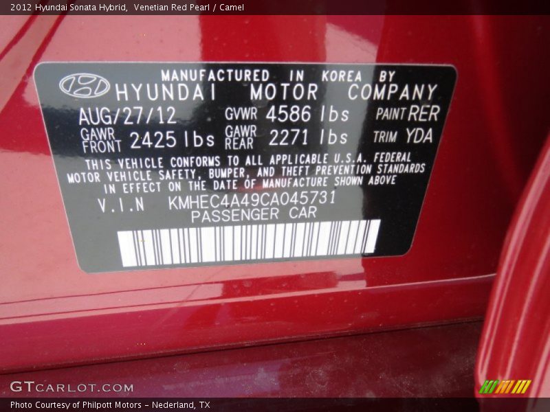 Venetian Red Pearl / Camel 2012 Hyundai Sonata Hybrid