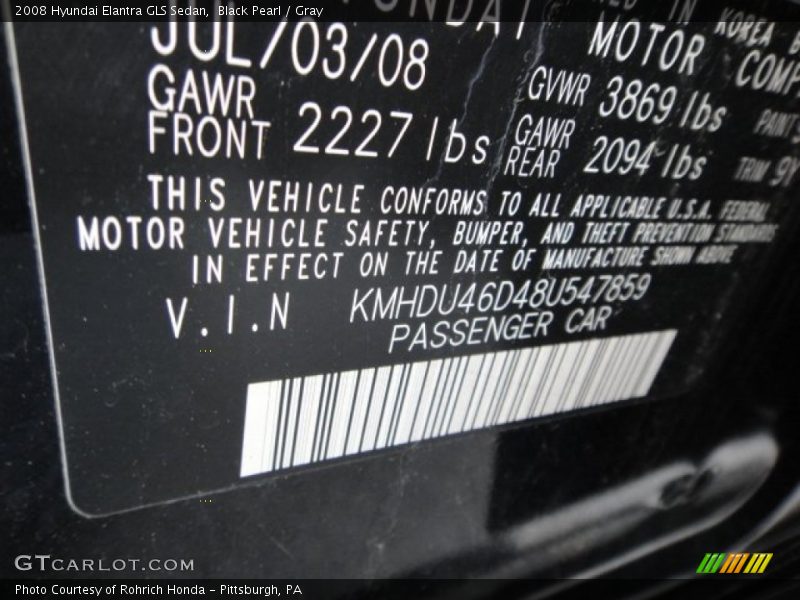 Black Pearl / Gray 2008 Hyundai Elantra GLS Sedan