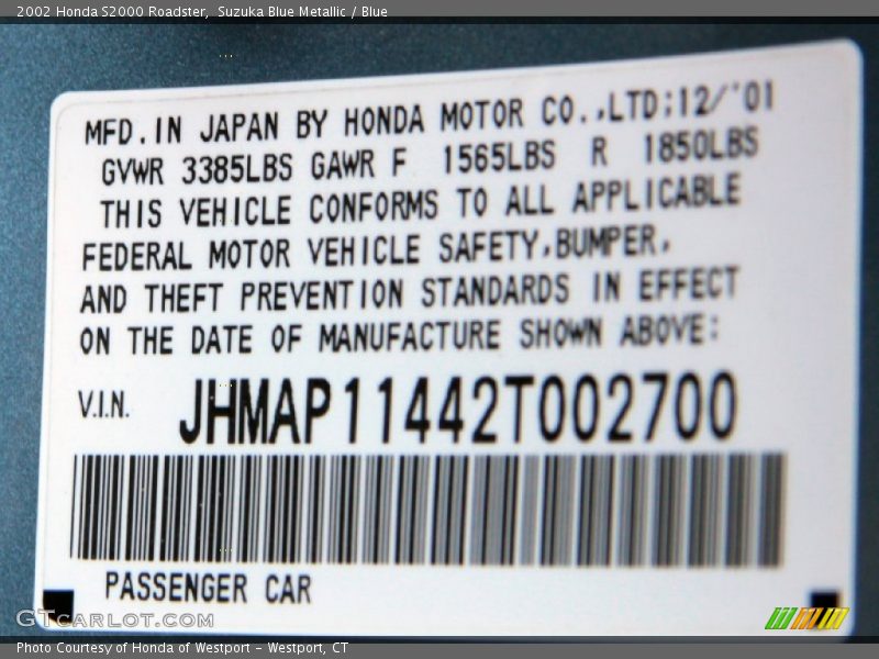 Suzuka Blue Metallic / Blue 2002 Honda S2000 Roadster