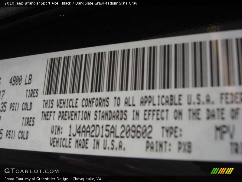 Black / Dark Slate Gray/Medium Slate Gray 2010 Jeep Wrangler Sport 4x4