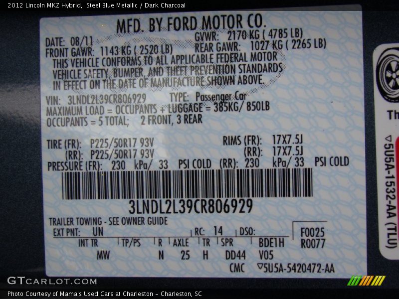 2012 MKZ Hybrid Steel Blue Metallic Color Code UN