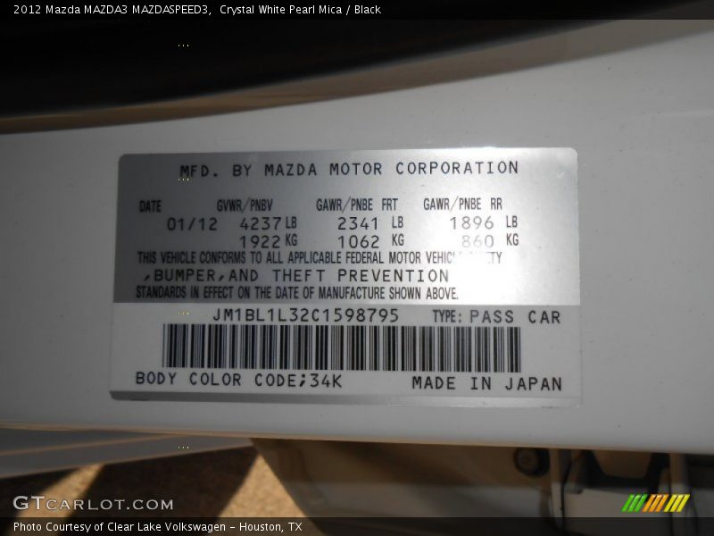 2012 MAZDA3 MAZDASPEED3 Crystal White Pearl Mica Color Code 34K