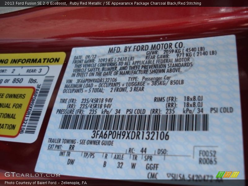 2013 Fusion SE 2.0 EcoBoost Ruby Red Metallic Color Code RR