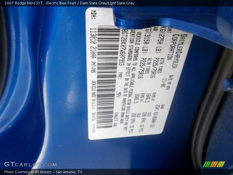 Electric Blue Pearl / Dark Slate Gray/Light Slate Gray 2007 Dodge Nitro SXT