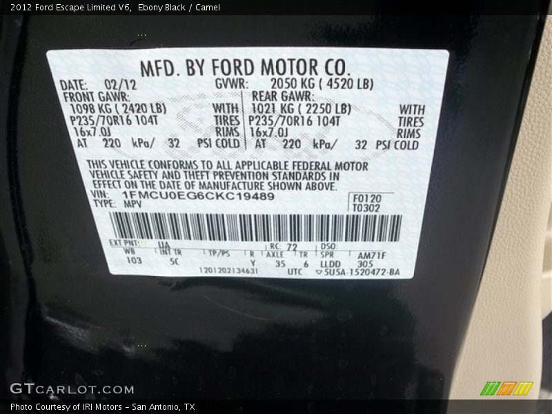 Ebony Black / Camel 2012 Ford Escape Limited V6
