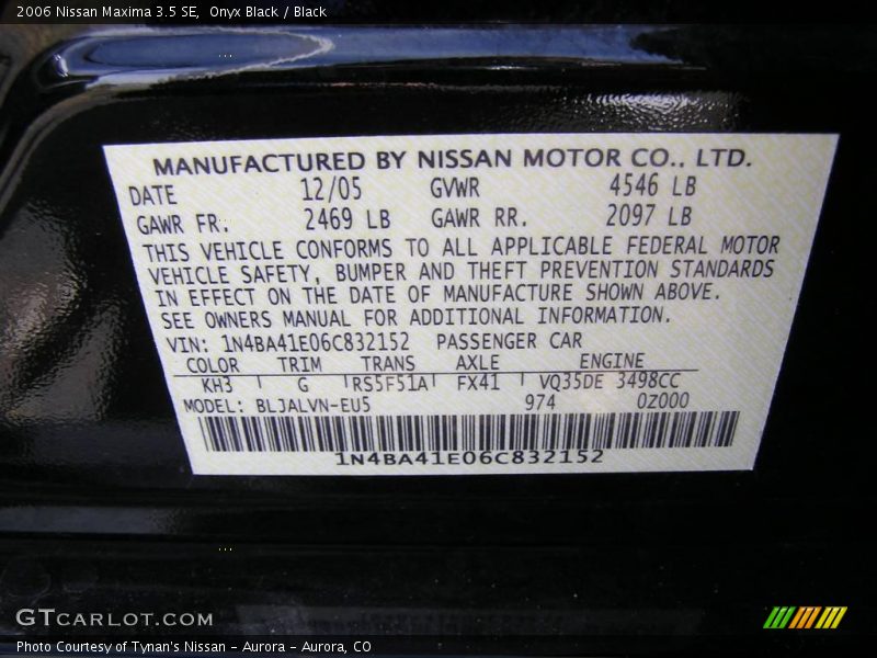 Onyx Black / Black 2006 Nissan Maxima 3.5 SE
