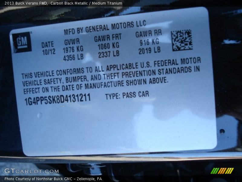 Carbon Black Metallic / Medium Titanium 2013 Buick Verano FWD