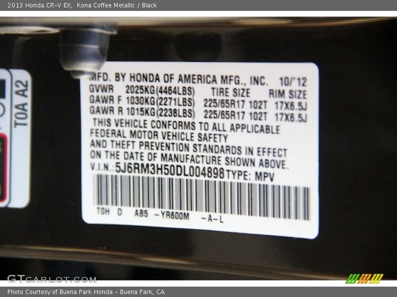 2013 CR-V EX Kona Coffee Metallic Color Code YR600M