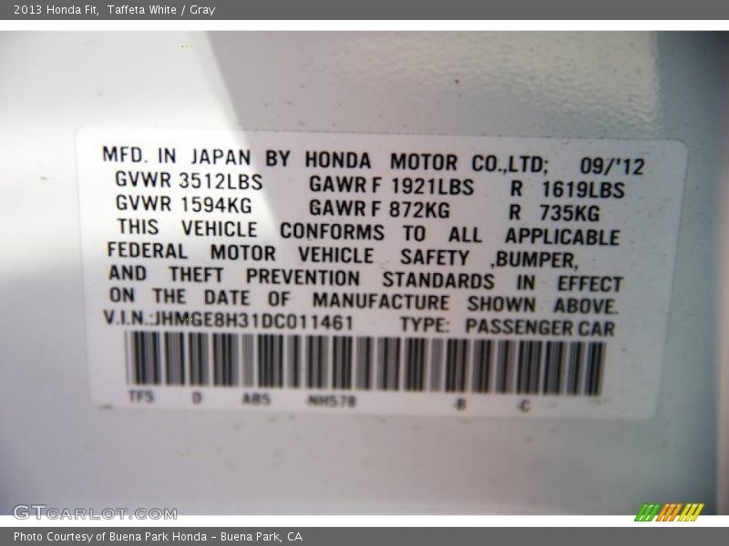 Taffeta White / Gray 2013 Honda Fit