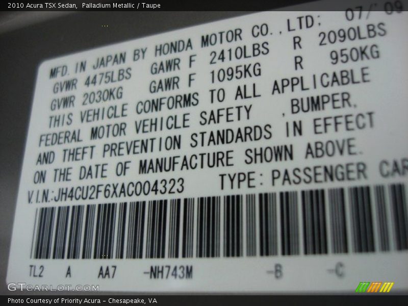 Palladium Metallic / Taupe 2010 Acura TSX Sedan