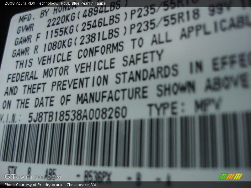 Royal Blue Pearl / Taupe 2008 Acura RDX Technology