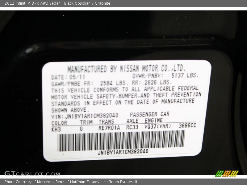 Black Obsidian / Graphite 2012 Infiniti M 37x AWD Sedan
