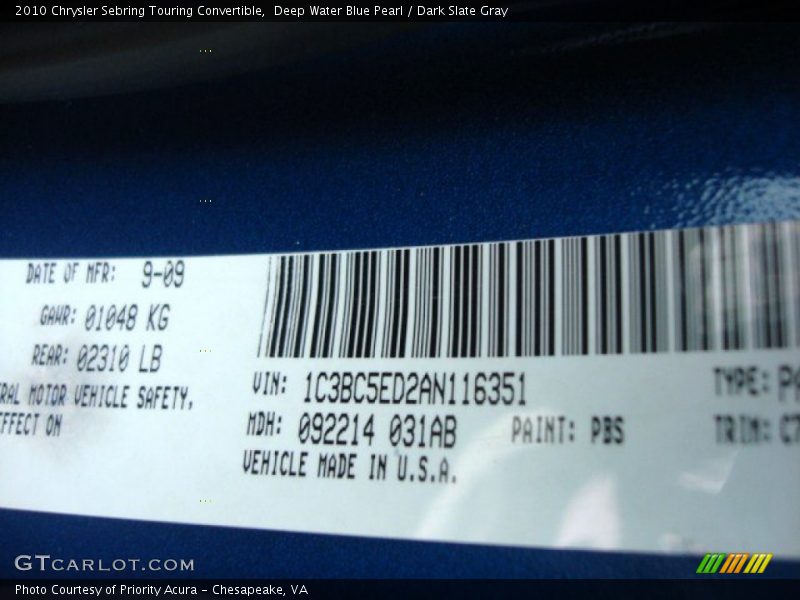 2010 Sebring Touring Convertible Deep Water Blue Pearl Color Code PBS