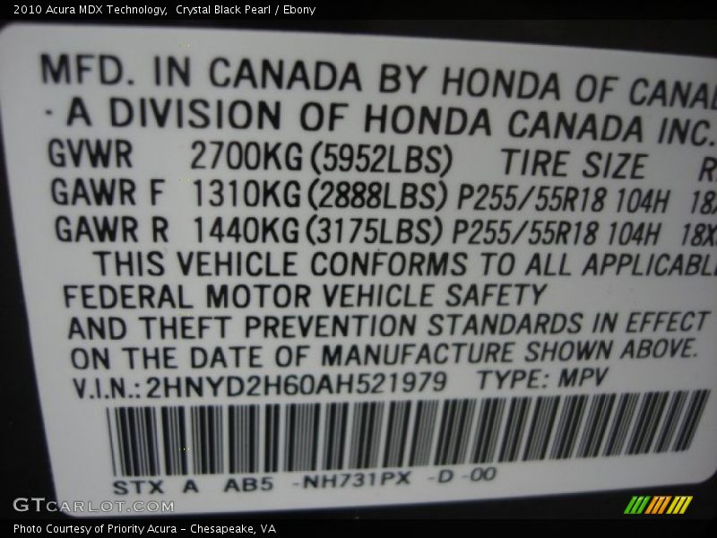 Crystal Black Pearl / Ebony 2010 Acura MDX Technology