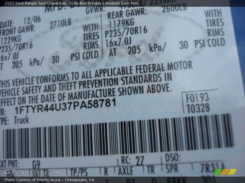 Vista Blue Metallic / Medium Dark Flint 2007 Ford Ranger Sport SuperCab