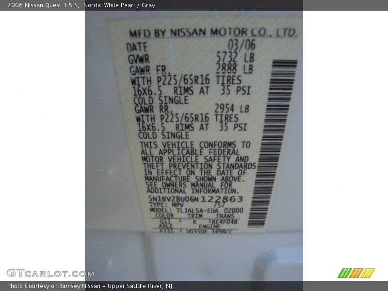 Nordic White Pearl / Gray 2006 Nissan Quest 3.5 S