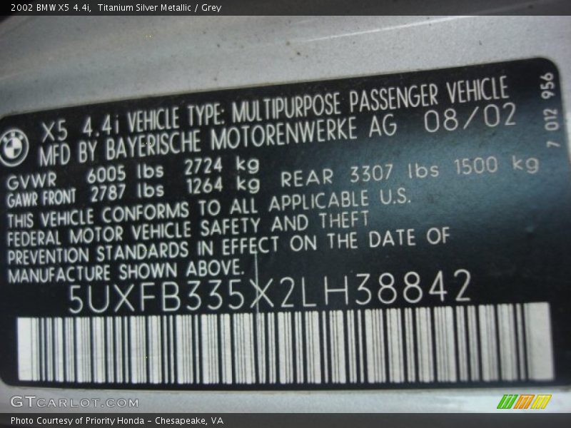 Titanium Silver Metallic / Grey 2002 BMW X5 4.4i