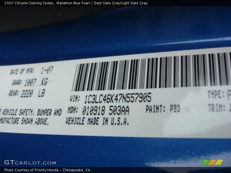 Marathon Blue Pearl / Dark Slate Gray/Light Slate Gray 2007 Chrysler Sebring Sedan