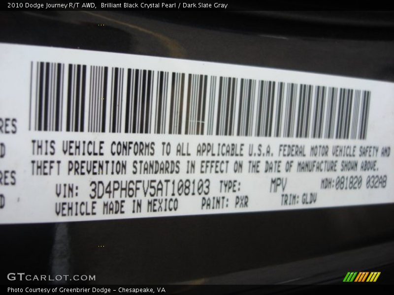 Brilliant Black Crystal Pearl / Dark Slate Gray 2010 Dodge Journey R/T AWD