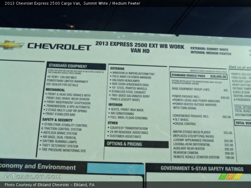  2013 Express 2500 Cargo Van Window Sticker