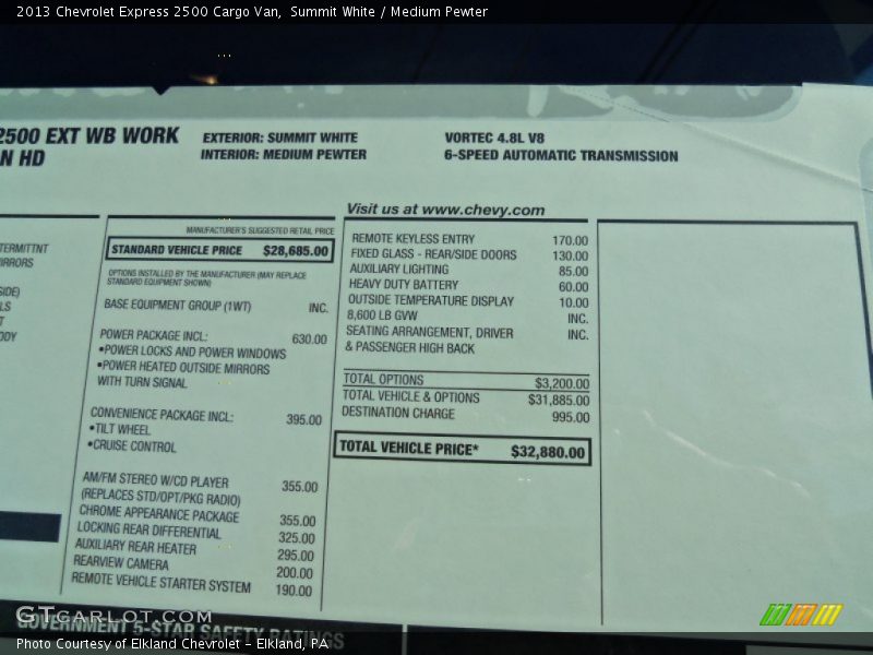  2013 Express 2500 Cargo Van Window Sticker