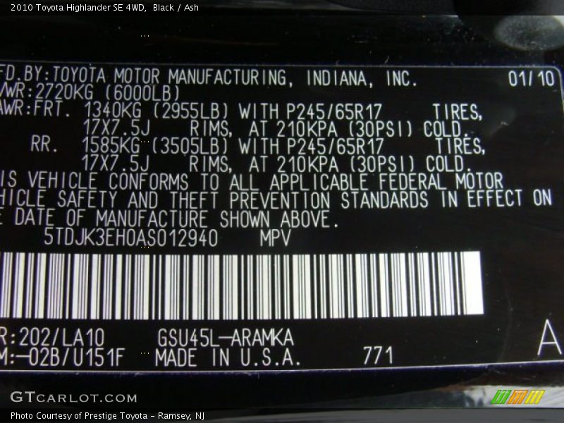 Black / Ash 2010 Toyota Highlander SE 4WD