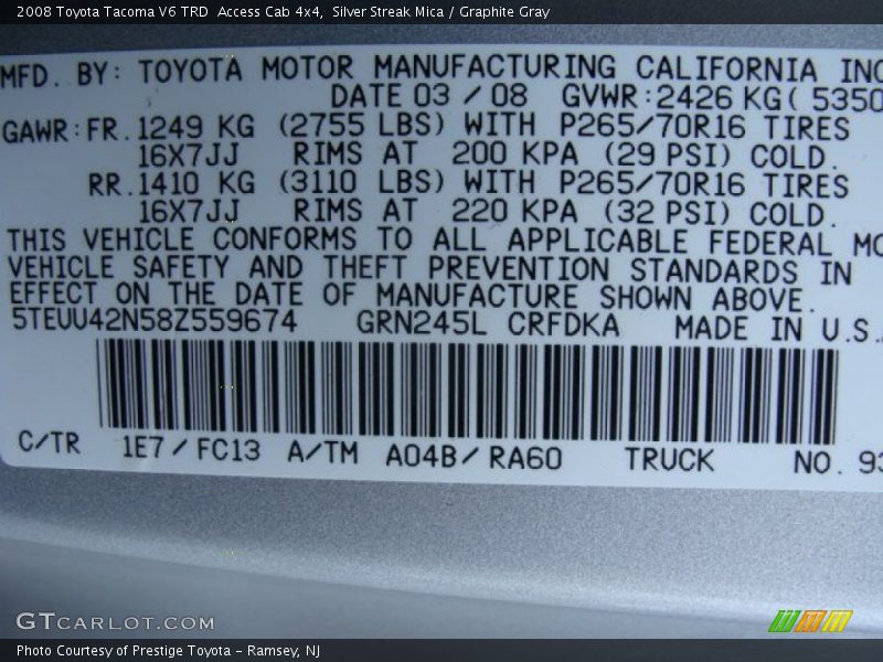 Silver Streak Mica / Graphite Gray 2008 Toyota Tacoma V6 TRD  Access Cab 4x4