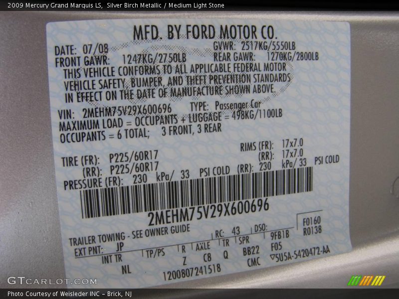 Silver Birch Metallic / Medium Light Stone 2009 Mercury Grand Marquis LS