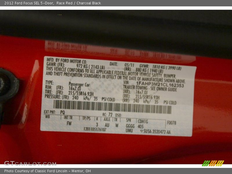 2012 Focus SEL 5-Door Race Red Color Code PQ
