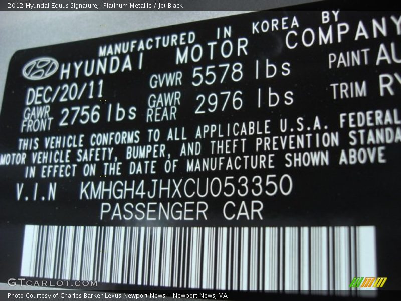 Platinum Metallic / Jet Black 2012 Hyundai Equus Signature