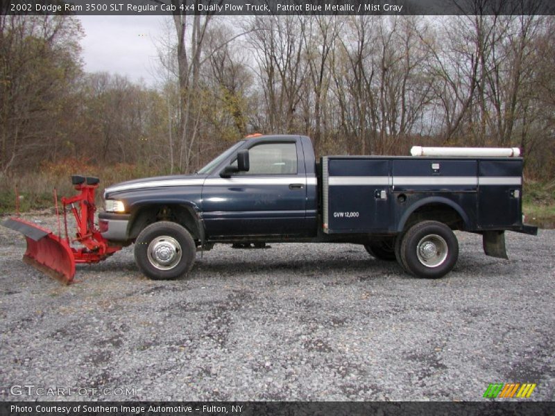 Patriot Blue Metallic / Mist Gray 2002 Dodge Ram 3500 SLT Regular Cab 4x4 Dually Plow Truck