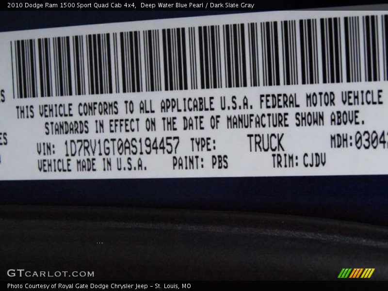 Deep Water Blue Pearl / Dark Slate Gray 2010 Dodge Ram 1500 Sport Quad Cab 4x4