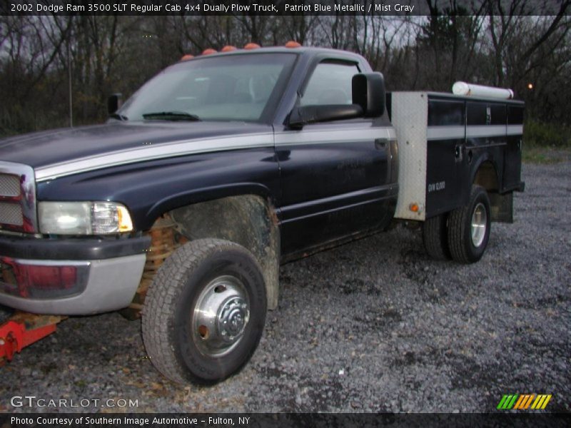 Patriot Blue Metallic / Mist Gray 2002 Dodge Ram 3500 SLT Regular Cab 4x4 Dually Plow Truck