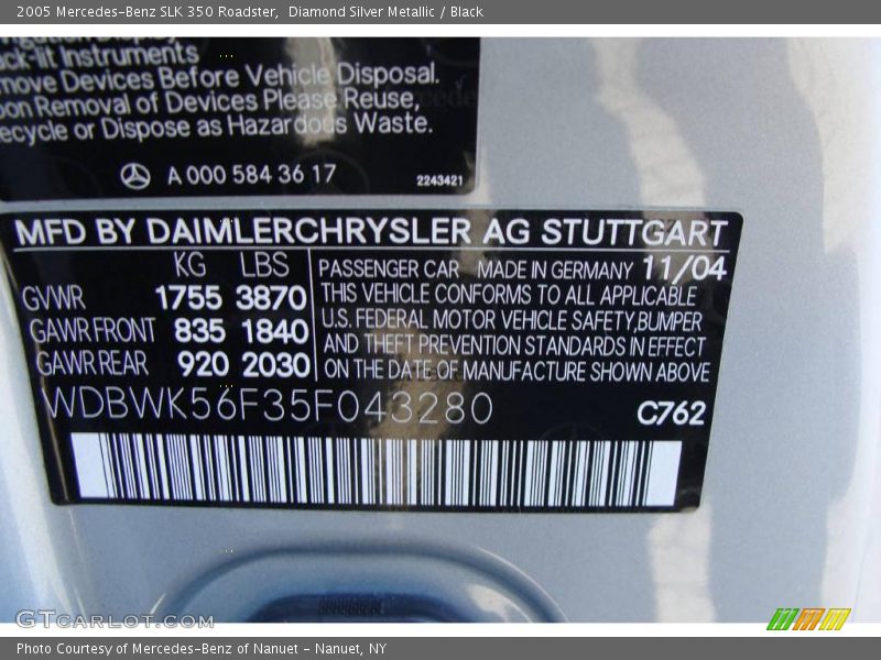 Diamond Silver Metallic / Black 2005 Mercedes-Benz SLK 350 Roadster